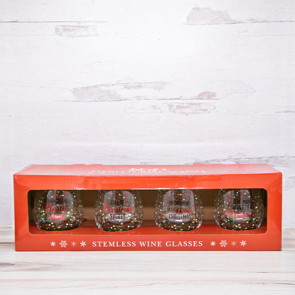 Set of 12 Stemless Christmas Wine Glasses, Christmas Gift, Funny Wine Glass,  Stemless Wine Glass, Holiday Wine Glasses. 