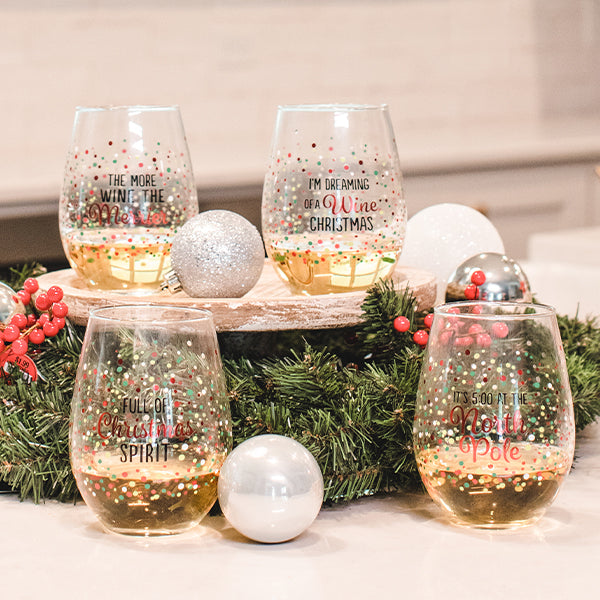 Gold Christmas Stemless Wine Glasses