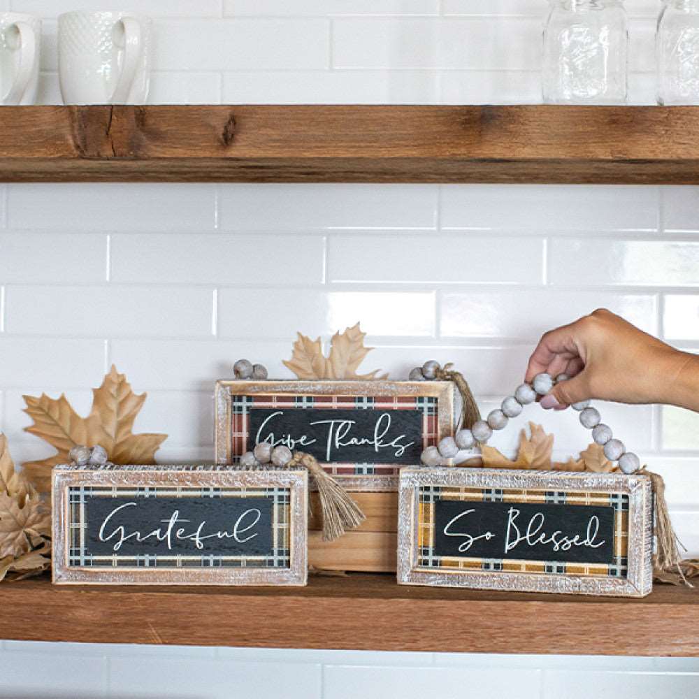 Give Thanks Beaded Plaid Signs - Set of 3