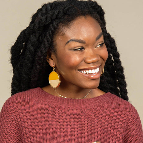 Golden Yellow Enamel and Wood Circle Earrings