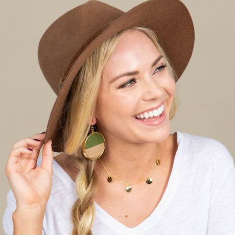 Olive Green Enamel and Wood Circle Earrings