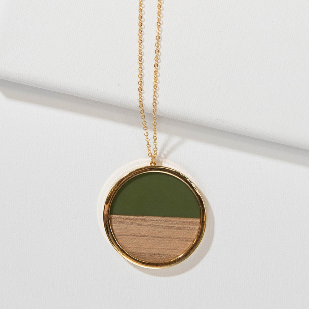 Olive Green Enamel and Wood Circle Necklace