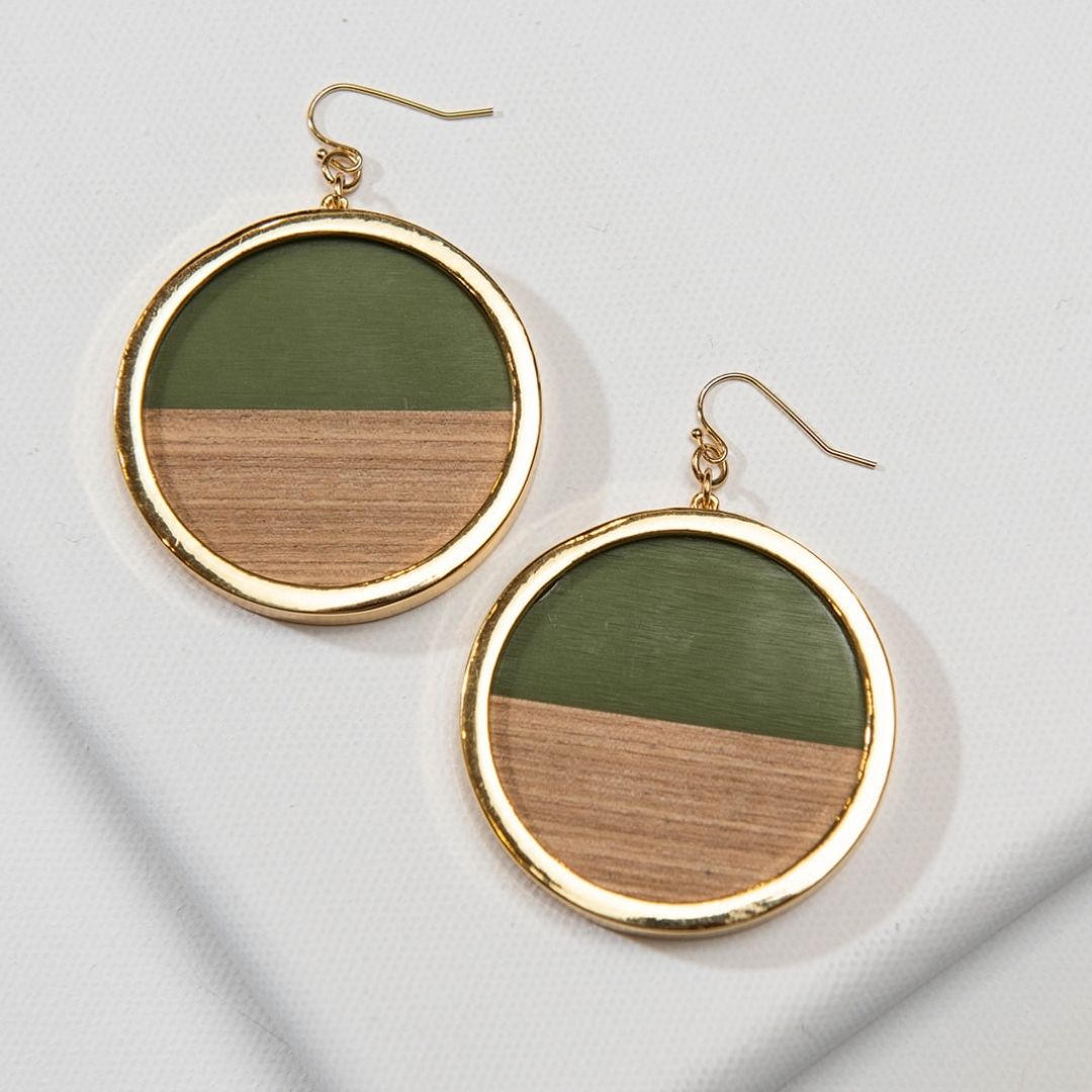 Olive Green Enamel and Wood Circle Earrings